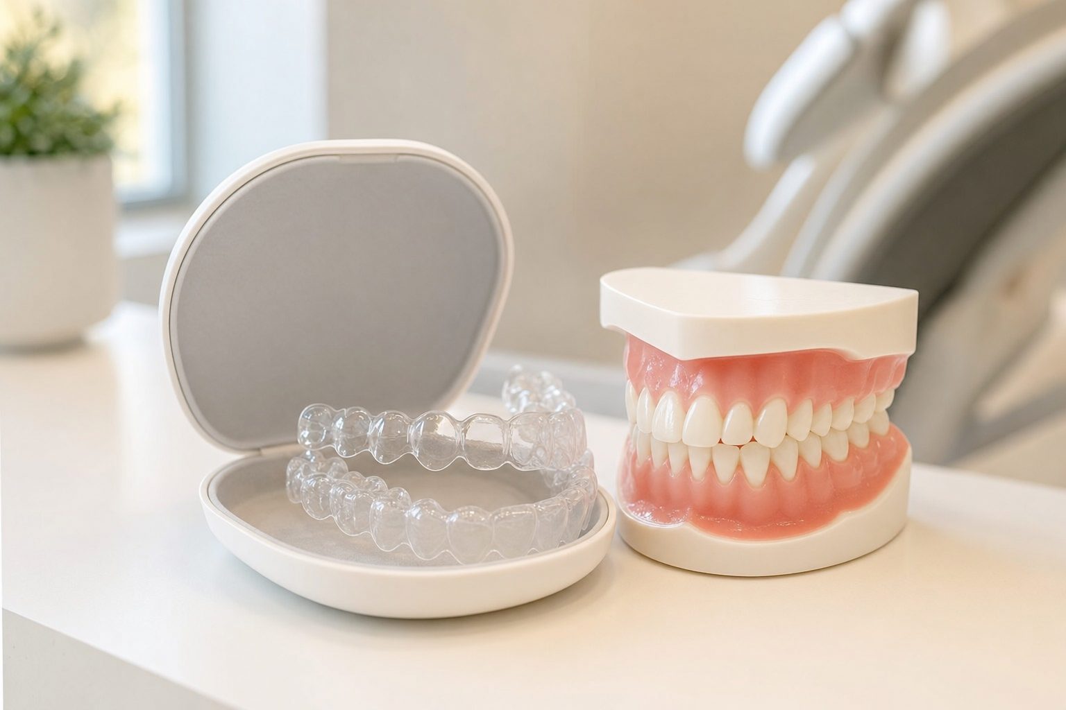 Pacient adult purtând aparat dentar discret în timpul tratamentului ortodontic
