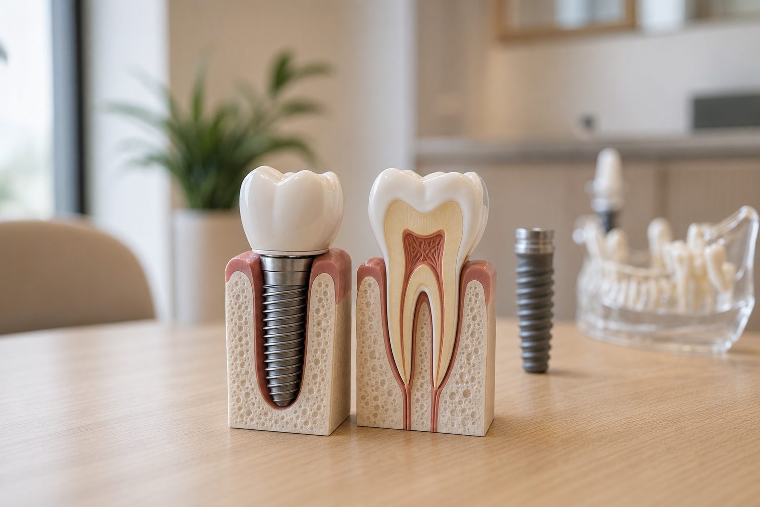 Crown on an implant compared with a crown on a natural tooth